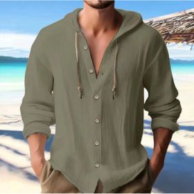 Cotton And Linen Shirt Hooded Sweater Button Long Sleeve (Option: Army Green-M)