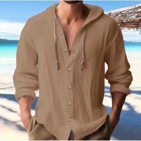 Cotton And Linen Shirt Hooded Sweater Button Long Sleeve (Option: Dark brown-XL)