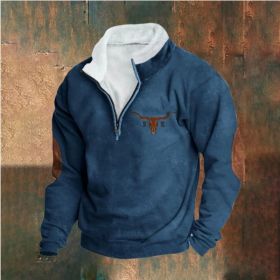 Retro Patchwork Half Cardigan Men's Long-sleeved Sweater (Option: Dark Blue-L)