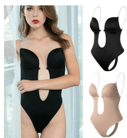 Women Plunging Deep V-neck Body Shaper Strapless Backless Shapewear (Color: Beige, size: M)