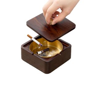 Wood Metal Ashtray Ash-Proof and Dust-Proof Design (Color: Walnut, Type: Ashtrays)