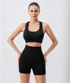 Workout Sets for Women 2 Piece Seamless Ribbed Crop Tank High Waist Shorts Yoga Outfits (Color: BLACK, size: S)