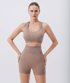 Workout Sets for Women 2 Piece Seamless Ribbed Crop Tank High Waist Shorts Yoga Outfits (Color: Khaki, size: XL)