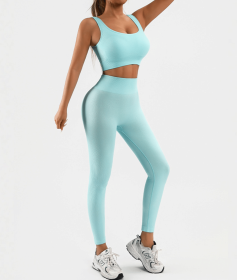 Women's Workout Outfits Ribbed Tank 2 Piece Seamless High Waist Gym Outfit Yoga Shorts Leggings Sets (Color: Lake Blue, size: L)