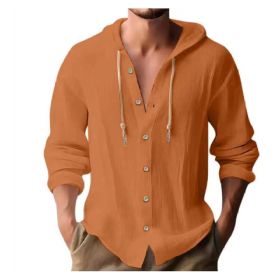 Cotton And Linen Shirt Hooded Sweater Button Long Sleeve (Option: Orange-L)