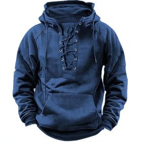 Ins Lace-up Hoodie Casual Sports Pocket Sweatshirt Men's Long-sleeved Top Clothing (Option: Blue-S)