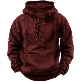 Ins Lace-up Hoodie Casual Sports Pocket Sweatshirt Men's Long-sleeved Top Clothing (Option: Wine Red-S)