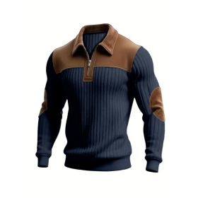 Notched-collar Patchwork Knit Top With Embroidered Zipper Hoodie (Option: Navy Blue-M)