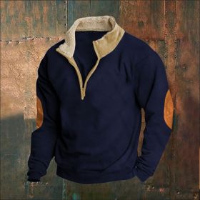 Retro Patchwork Half Cardigan Men's Long-sleeved Sweater (Option: Navy Blue-M)