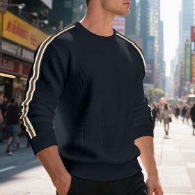 Casual Men's Loose Round Neck Sweater Thin (Option: Navy Blue-XXL)