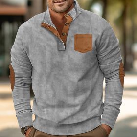 Patch Pocket Jacket Stand Collar Long Sleeve Corduroy Multicolor Hoodie (Option: Light Gray-XXL)