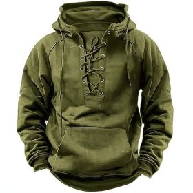 Ins Lace-up Hoodie Casual Sports Pocket Sweatshirt Men's Long-sleeved Top Clothing (Option: Army Green-3XL)