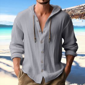 Cotton And Linen Shirt Hooded Sweater Button Long Sleeve (Option: Gray-XL)