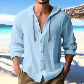 Cotton And Linen Shirt Hooded Sweater Button Long Sleeve (Option: Sky Blue-XL)