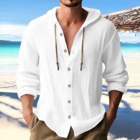 Cotton And Linen Shirt Hooded Sweater Button Long Sleeve (Option: White-XL)