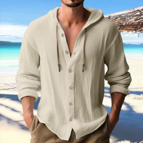 Cotton And Linen Shirt Hooded Sweater Button Long Sleeve (Option: Apricot-XXXL)
