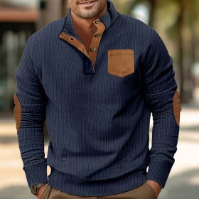 Patch Pocket Jacket Stand Collar Long Sleeve Corduroy Multicolor Hoodie (Option: Navy Blue-XXL)