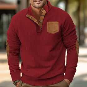 Patch Pocket Jacket Stand Collar Long Sleeve Corduroy Multicolor Hoodie (Option: Wine Red-XXL)