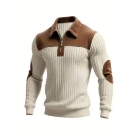 Notched-collar Patchwork Knit Top With Embroidered Zipper Hoodie (Option: Khaki-3XL)
