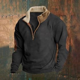 Retro Patchwork Half Cardigan Men's Long-sleeved Sweater (Option: Black-3XL)
